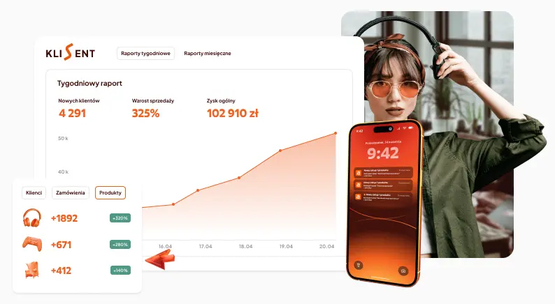 Statistics table, phone with notifications