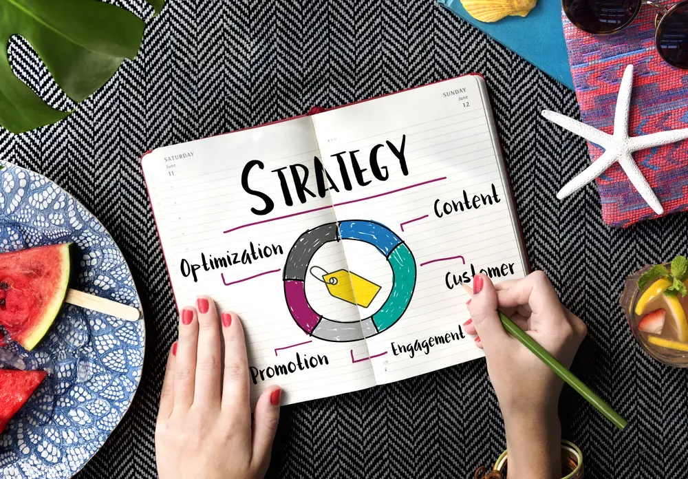 A photo showing an open notebook with a strategy written out.